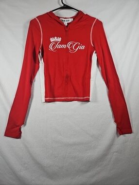 I.AM.GIA Blare Varsity  Red and White Zip Hoodie Crop
